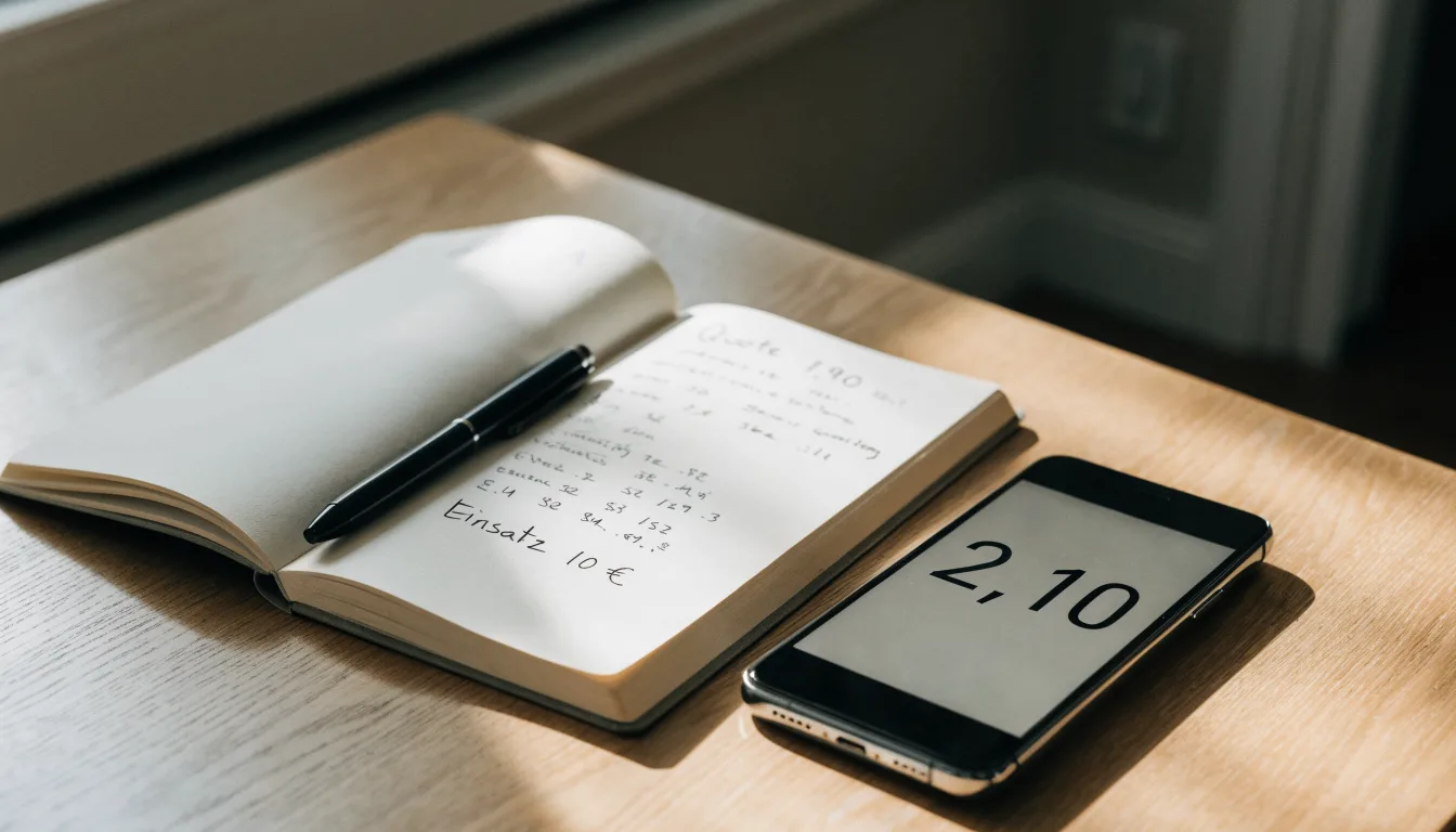 Ein aufgeschlagenes Notizbuch mit handschriftlichen Rechnungen liegt neben Stift und Smartphone auf einem Holztisch im Tageslicht.