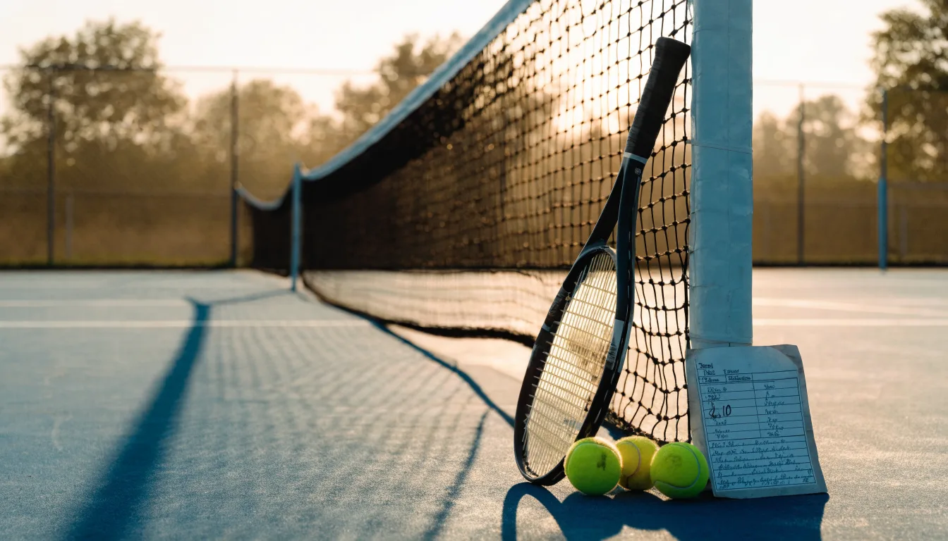 Ein Tennisschläger lehnt an einem Netzpfosten, daneben liegen drei Bälle auf einem Hartplatz in warmem Nachmittagslicht.