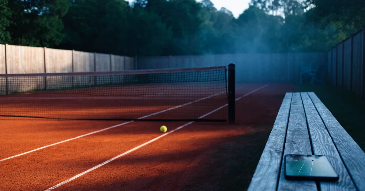Ein Sandplatz am frühen Morgen mit frisch gezogenen Linien, einem Netz in der Mitte und einem gelben Ball auf der Grundlinie.