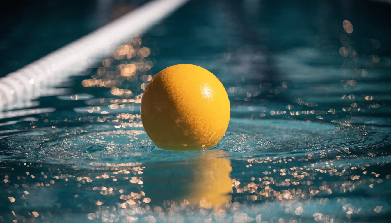 Ein gelber Wasserball treibt in Nahaufnahme auf der Wasseroberfläche neben einer Leine mit Bojen.