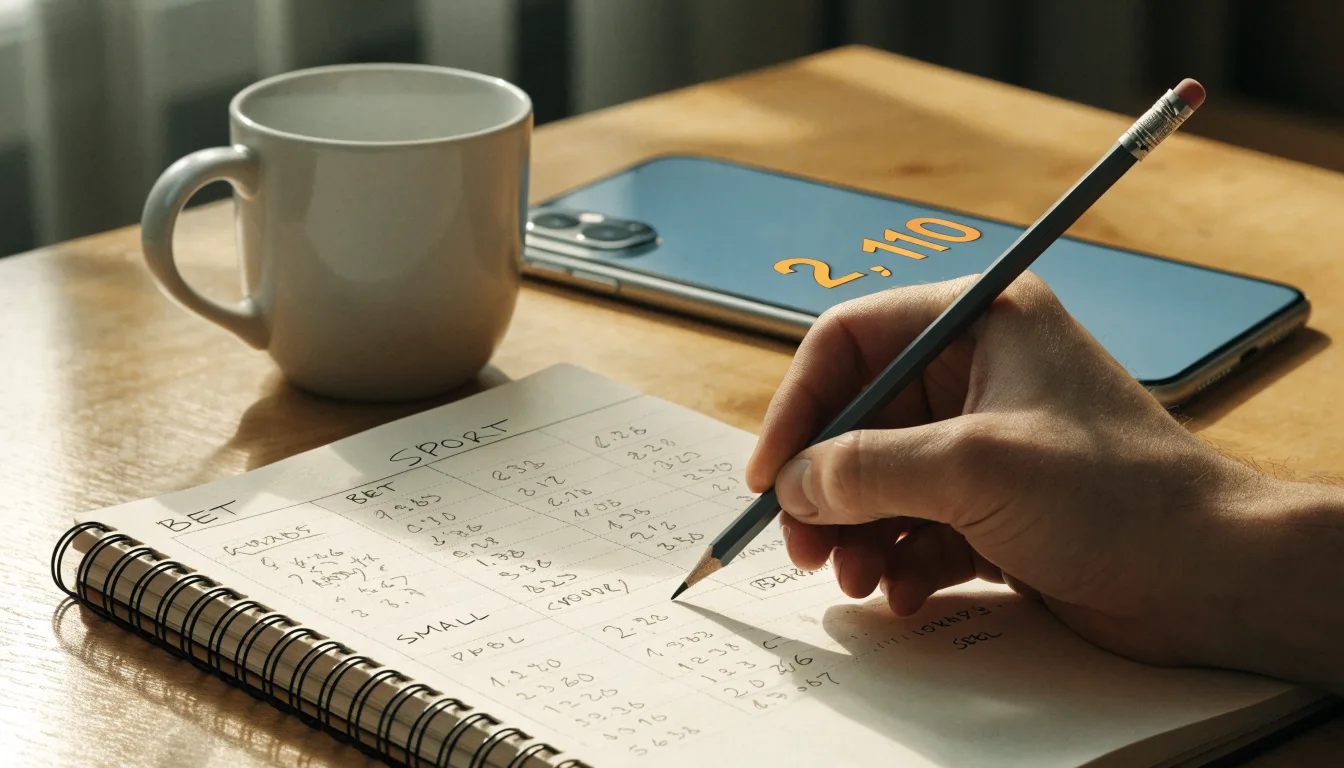 Ein Notizbuch mit handschriftlichen Spalten und einem Bleistift liegt auf einem Schreibtisch neben einem Taschenrechner.