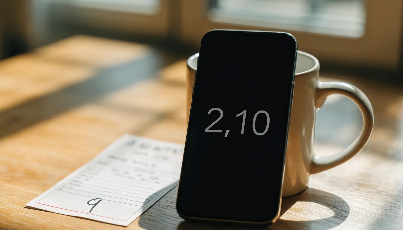 Ein Smartphone mit dunklem Bildschirm lehnt an einer Kaffeetasse auf einem Holztisch, daneben ein blanker Papier-Wettschein.