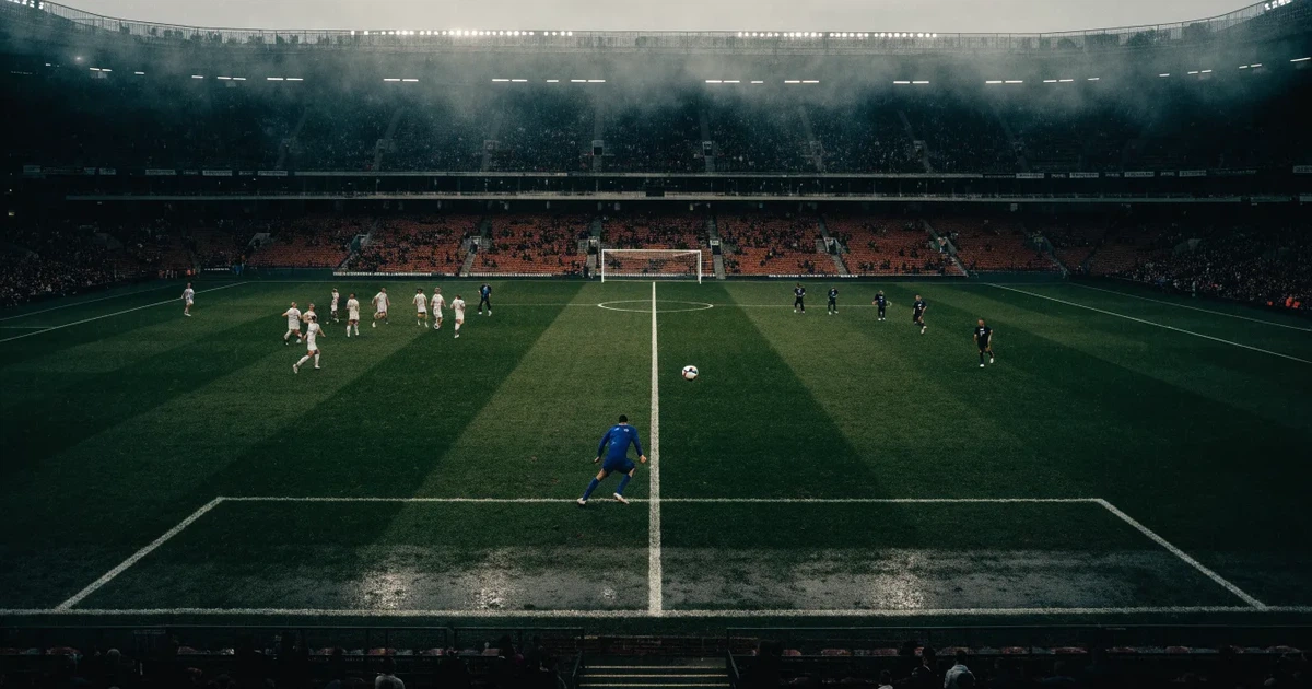 Ein englisches Fußballstadion mit rotbraunen Backsteintribünen unter bedecktem Himmel, davor ein nasser Rasen mit Spielfeldlinien.