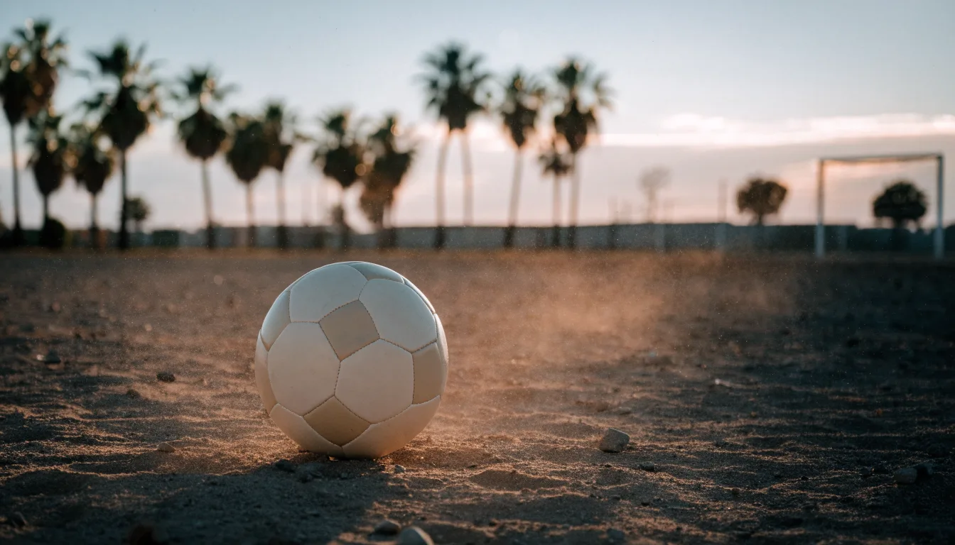 Ein Fußball liegt auf einem staubigen Bolzplatz mit Palmen im Hintergrund in warmem Abendlicht.
