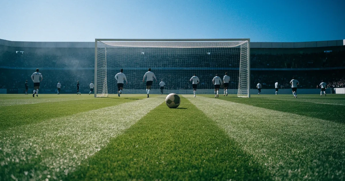 Ein Fußballstadion mit hellen Rängen unter strahlend blauem Himmel, davor ein sonnenbeschienener Rasen mit frisch gemähten Streifen.