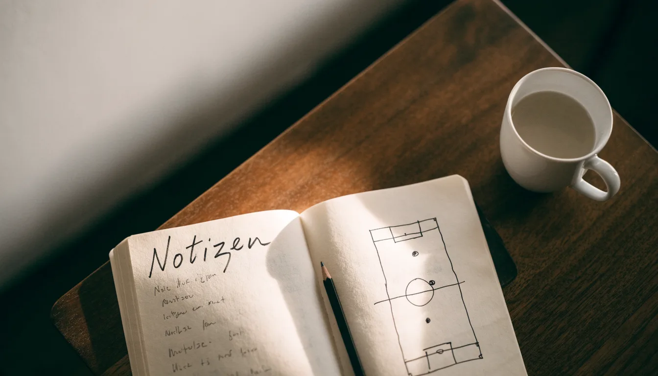 Ein aufgeschlagenes Notizbuch mit handschriftlichen Skizzen liegt neben einem Bleistift auf einem Holztisch, daneben eine Tasse Kaffee.