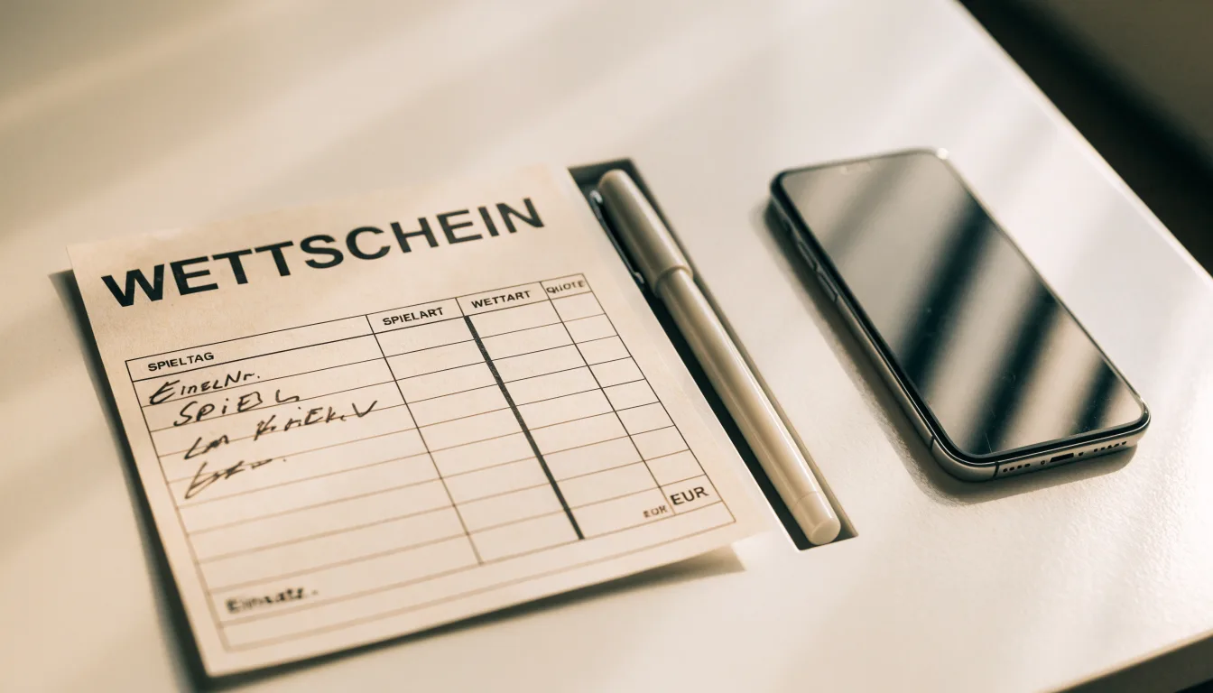 Ein leerer Papier-Wettschein liegt neben einem Smartphone mit dunklem Display auf einer hellen Tischplatte, daneben ein Kugelschreiber.