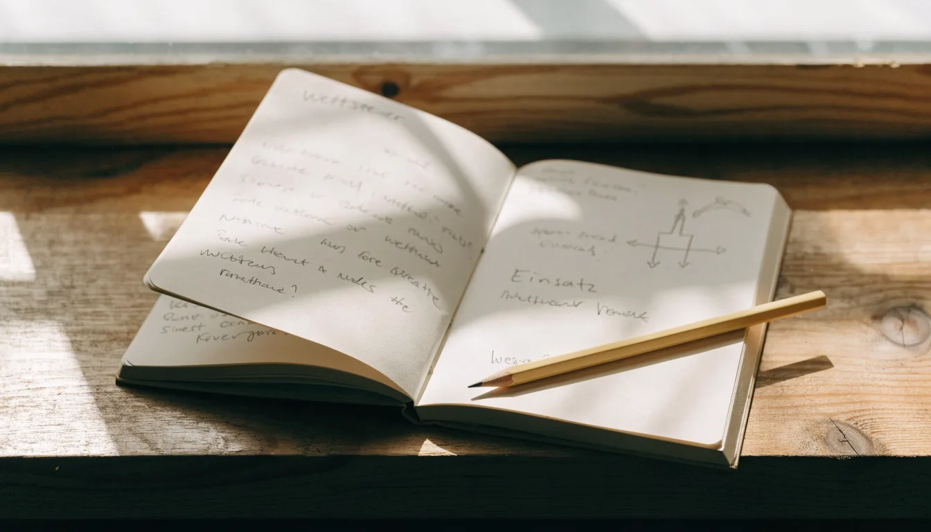 Ein aufgeschlagenes Notizbuch mit handschriftlichen Skizzen und ein Bleistift liegen auf einer Fensterbank im Tageslicht.