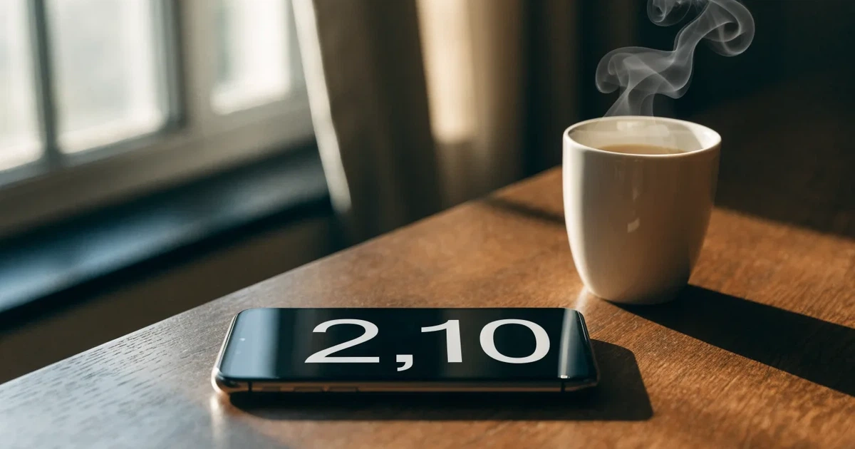 Ein Smartphone mit dunklem Display liegt auf einem Holztisch neben einer Tasse Kaffee, im Hintergrund ein unscharfes Fenster.