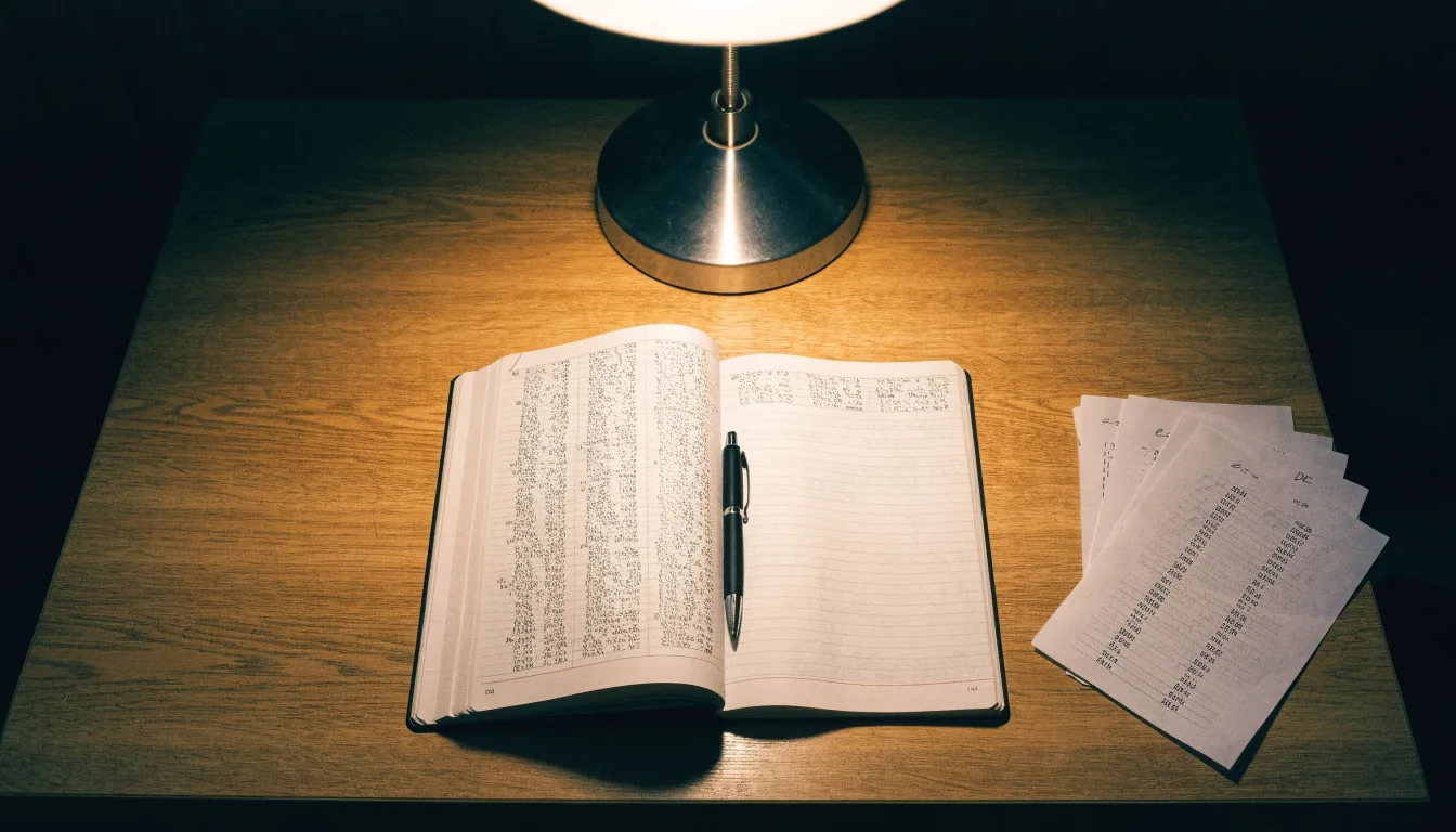 Ein Taschenrechner und ein Notizbuch mit handschriftlichen Zahlenreihen liegen auf einem Schreibtisch unter einer Lampe.