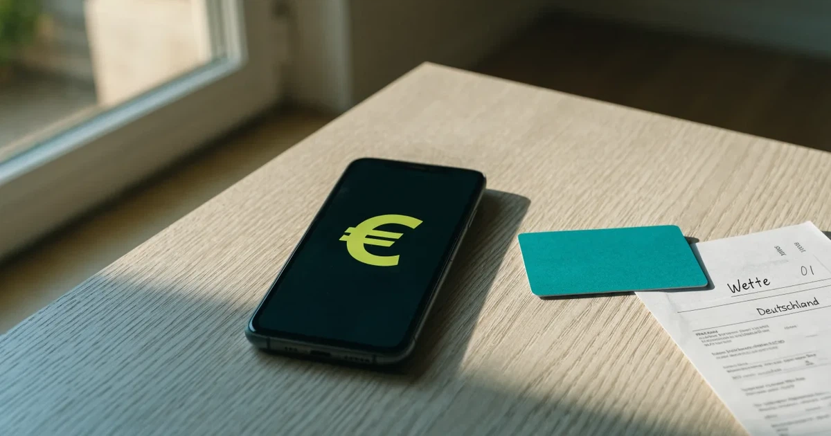 Eine Plastikkarte ohne Aufdruck liegt neben Münzen und einem Smartphone mit dunklem Display auf einem hellen Tisch.