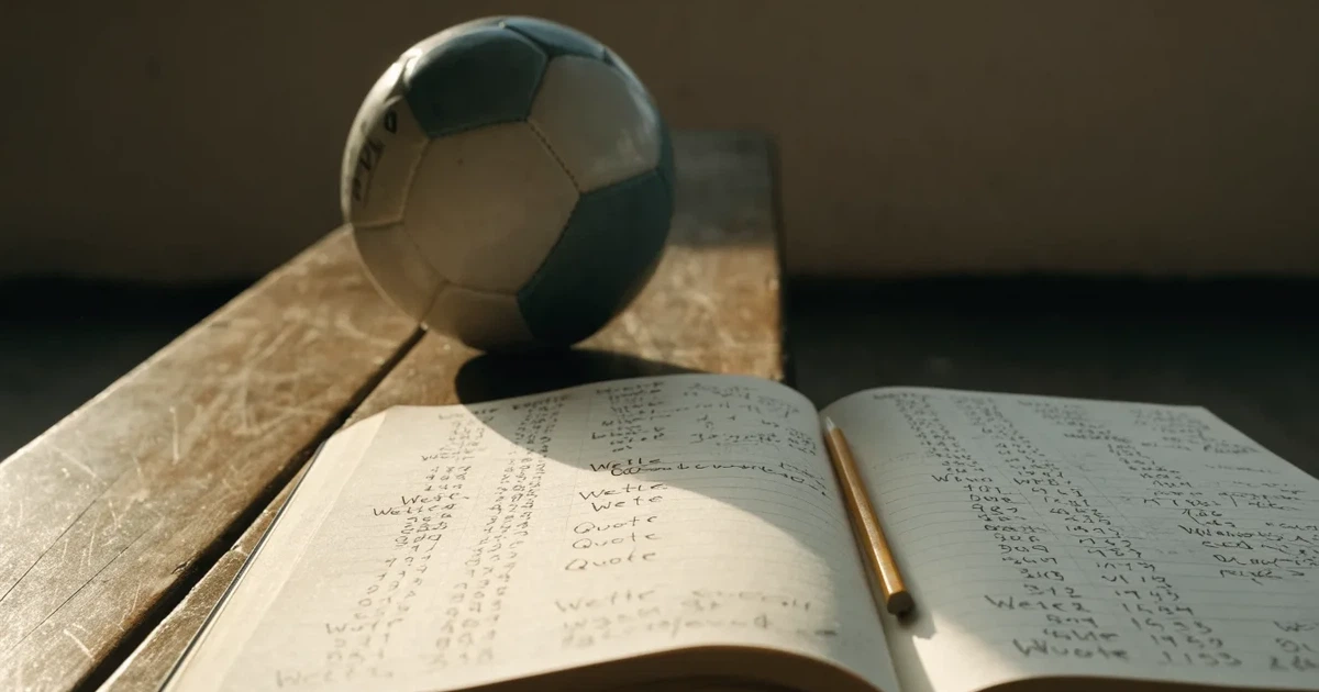 Ein Notizbuch mit handschriftlichen Zahlenkolonnen und ein Bleistift liegen neben einem Fußball auf einer Holzbank.