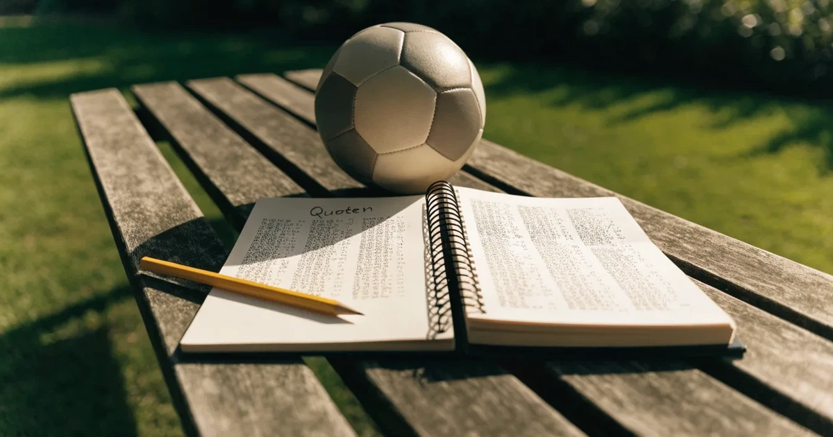 Ein Notizbuch mit handschriftlichen Zahlenkolonnen und ein Bleistift liegen neben einem Fußball auf einer Holzbank.