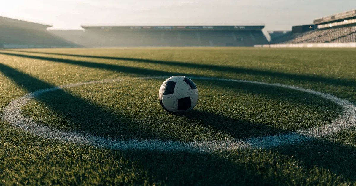 Ein Fußball liegt auf dem Anstoßpunkt eines Rasenplatzes, dahinter leere Tribünen im Licht des frühen Morgens.