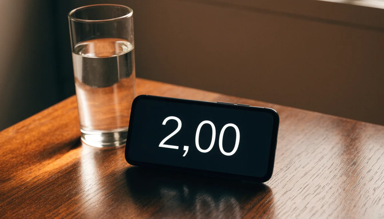 Ein Smartphone liegt mit dem Display nach unten auf einem Holztisch neben einem Glas Wasser, Abendlicht fällt durch ein Fenster.