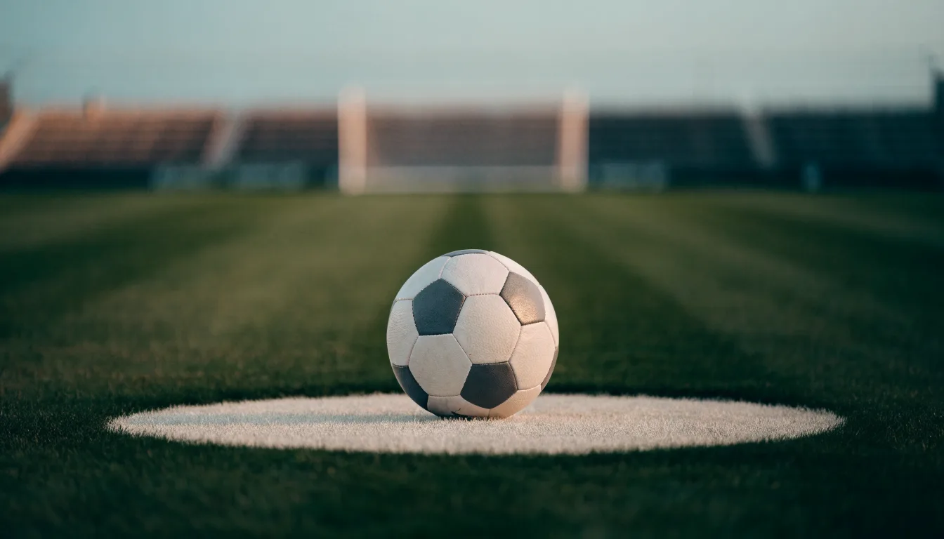 Ein Fußball liegt auf dem Anstoßpunkt eines leeren Rasenplatzes, dahinter ragen dunkle Ränge in den Abendhimmel.