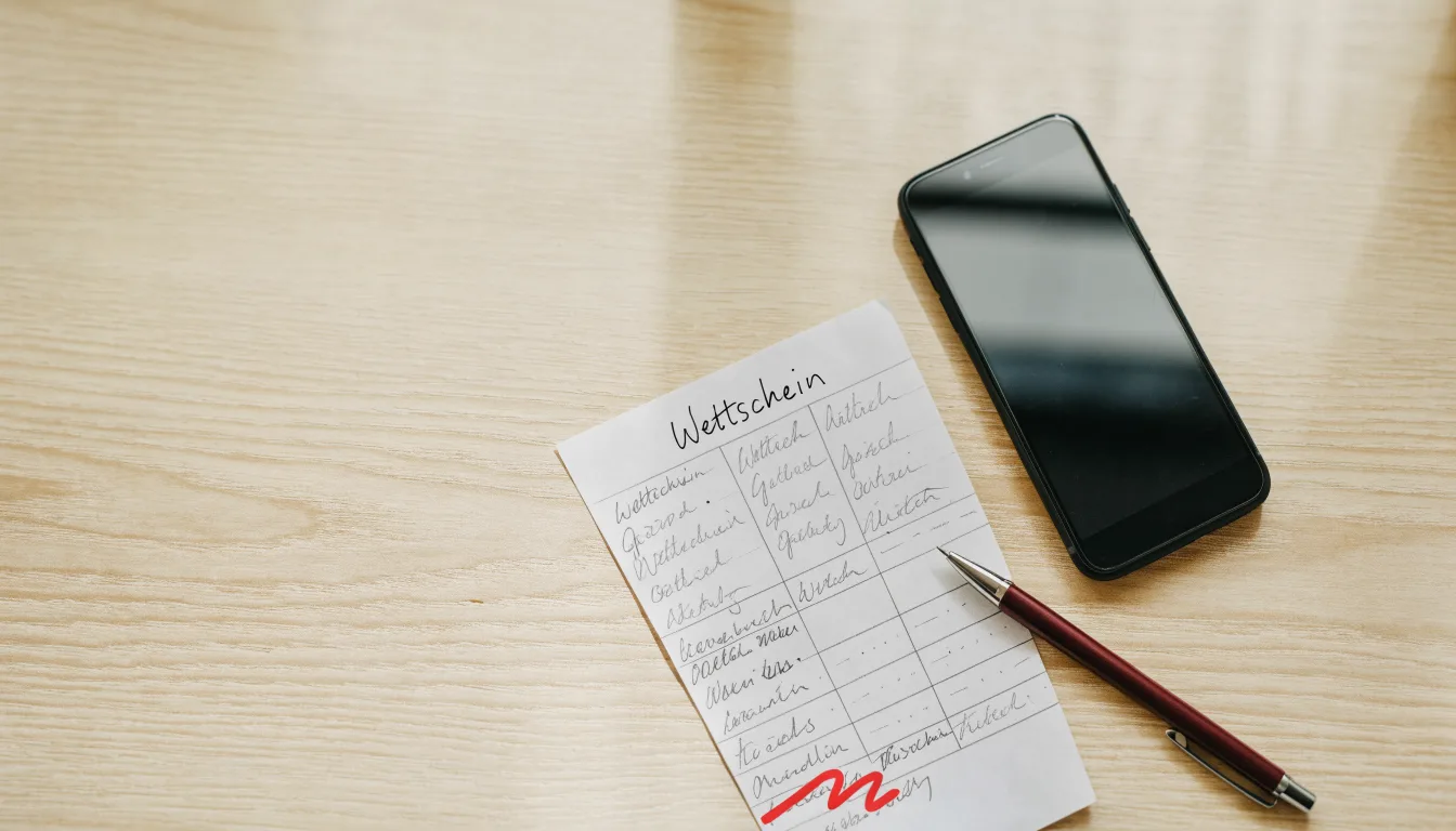 Ein Smartphone mit dunklem Display liegt neben einem leeren Papier-Wettschein und einem Stift auf einem Holztisch.