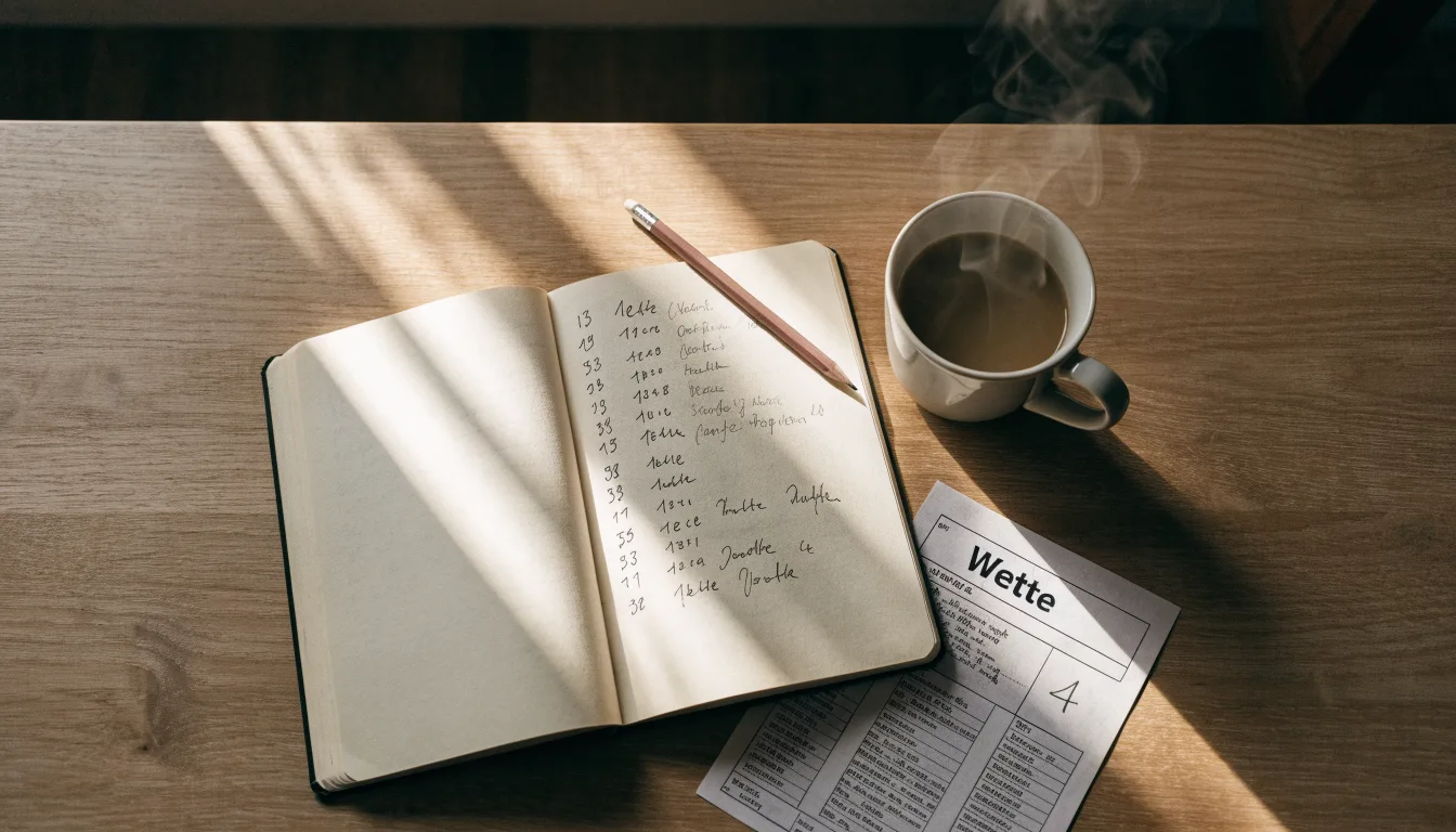 Ein Notizbuch mit handschriftlichen Notizen und einem Bleistift liegt auf einem Tisch, daneben steht eine Kaffeetasse im Morgenlicht.