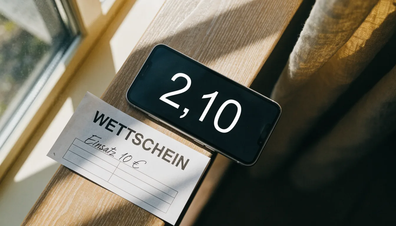 Ein Smartphone mit dunklem Display liegt neben einem leeren Papier-Wettschein auf einem Tisch am Fenster.