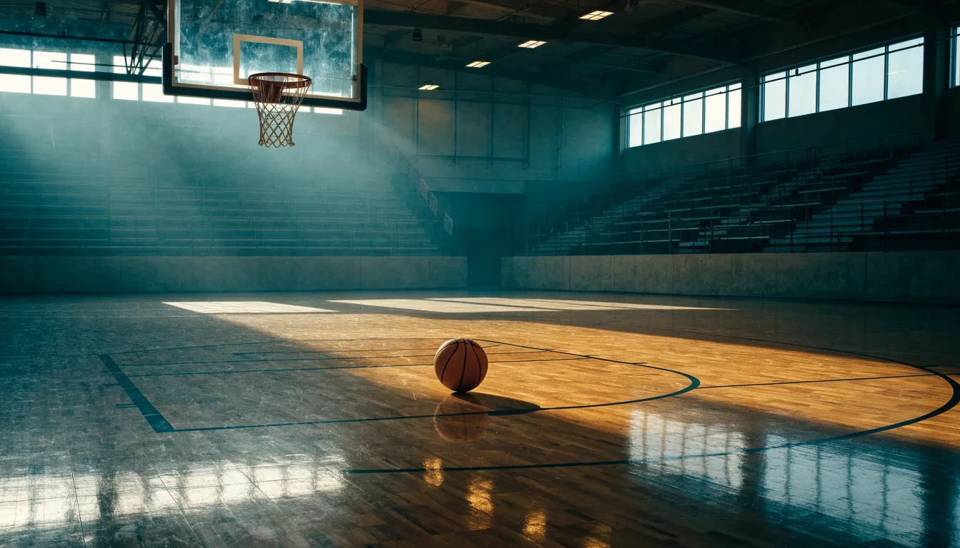 Ein Basketballkorb in einer leeren Halle, der Ball liegt unter dem Brett auf dem Parkett.