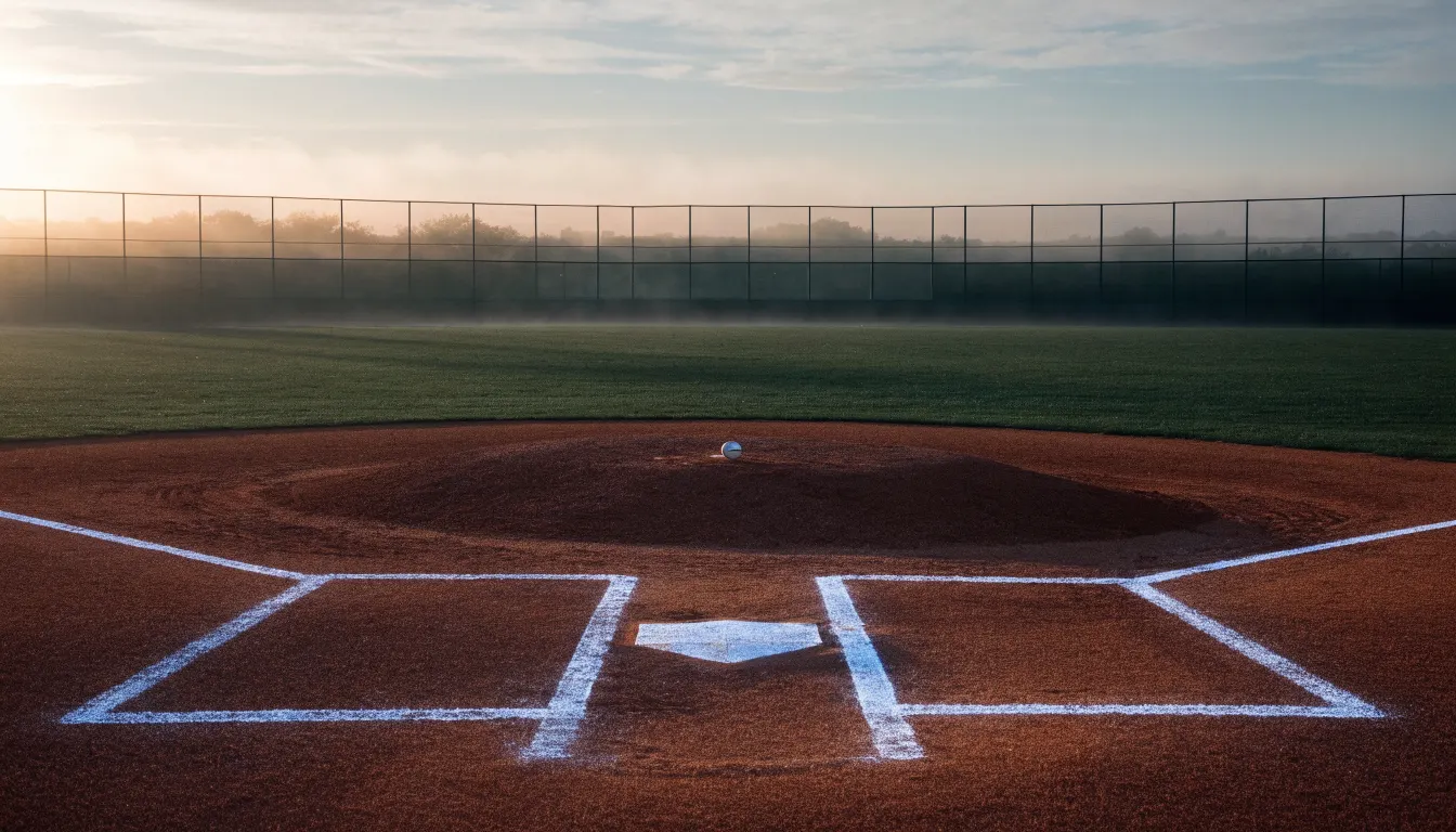 Ein Baseballfeld mit leerem Infield im Morgenlicht, die Linien frisch gezogen, keine Spieler im Bild.