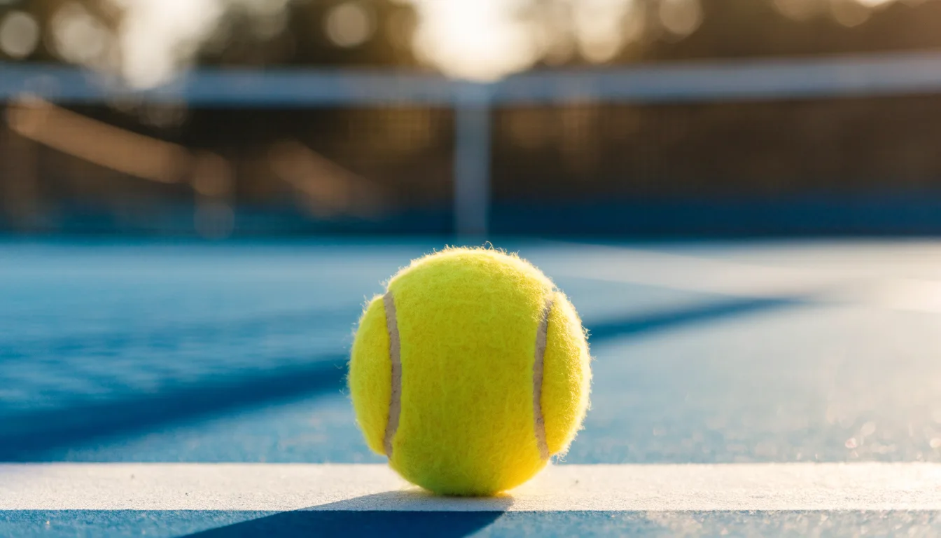 Ein Tennisball liegt in Nahaufnahme auf einer Grundlinie, dahinter verschwimmt ein leerer Platz in warmem Licht.