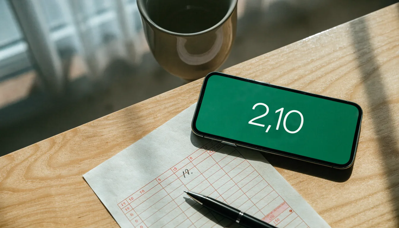 Ein leerer Papier-Wettschein und ein Kugelschreiber liegen neben einem Smartphone mit dunklem Display auf einem Schreibtisch am Fenster.