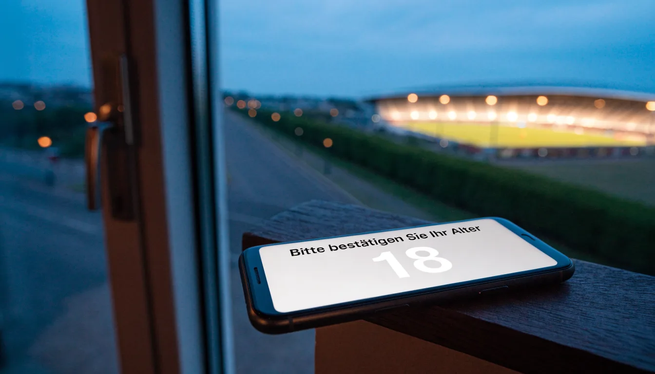 Ein Stadion unter Flutlicht aus großer Entfernung, davor eine leere Straße in der Abenddämmerung.