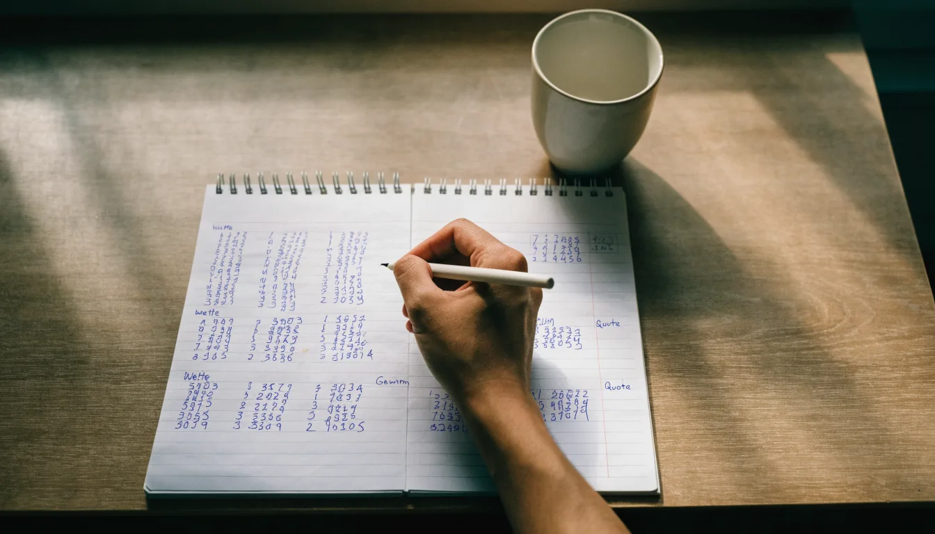 Ein Notizbuch mit handschriftlichen Notizen und ein Taschenrechner stehen auf einem Schreibtisch, daneben eine Tasse.