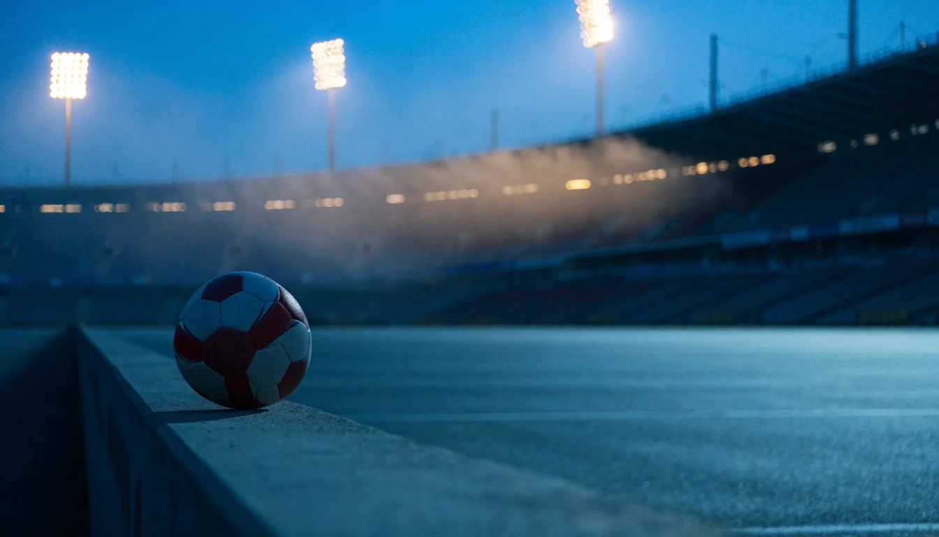 Ein Stadion unter Flutlicht aus der Ferne gesehen, davor ein leerer Parkplatz im Dunst.