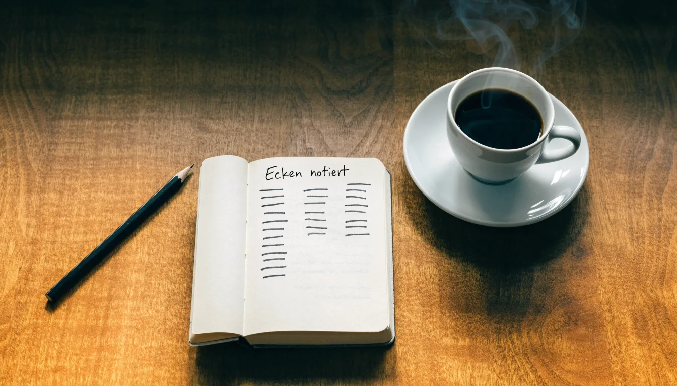Ein Notizbuch mit handgeschriebenen Strichlisten liegt neben einem Bleistift und einer Kaffeetasse auf einem Holztisch.