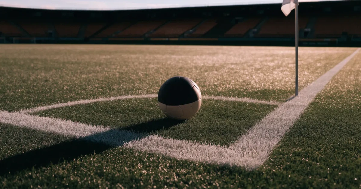 Ein Fußball liegt am Viertelkreis an der Eckfahne eines Rasenplatzes, im Hintergrund leere Tribünen in warmem Abendlicht.