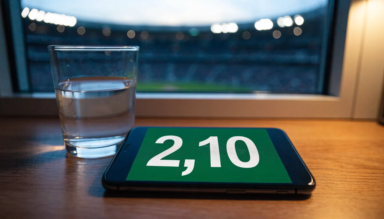 Ein Smartphone mit dunklem Display liegt auf einem Schreibtisch neben einem Glas Wasser, im Fenster dahinter ein Stadion im Dämmerlicht.