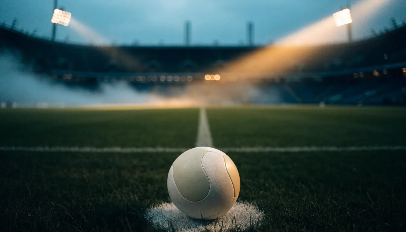 Ein Fußball liegt auf dem Mittelkreis eines leeren Rasenplatzes unter Flutlicht am frühen Abend, die Tribünen sind nur schemenhaft zu erkennen.