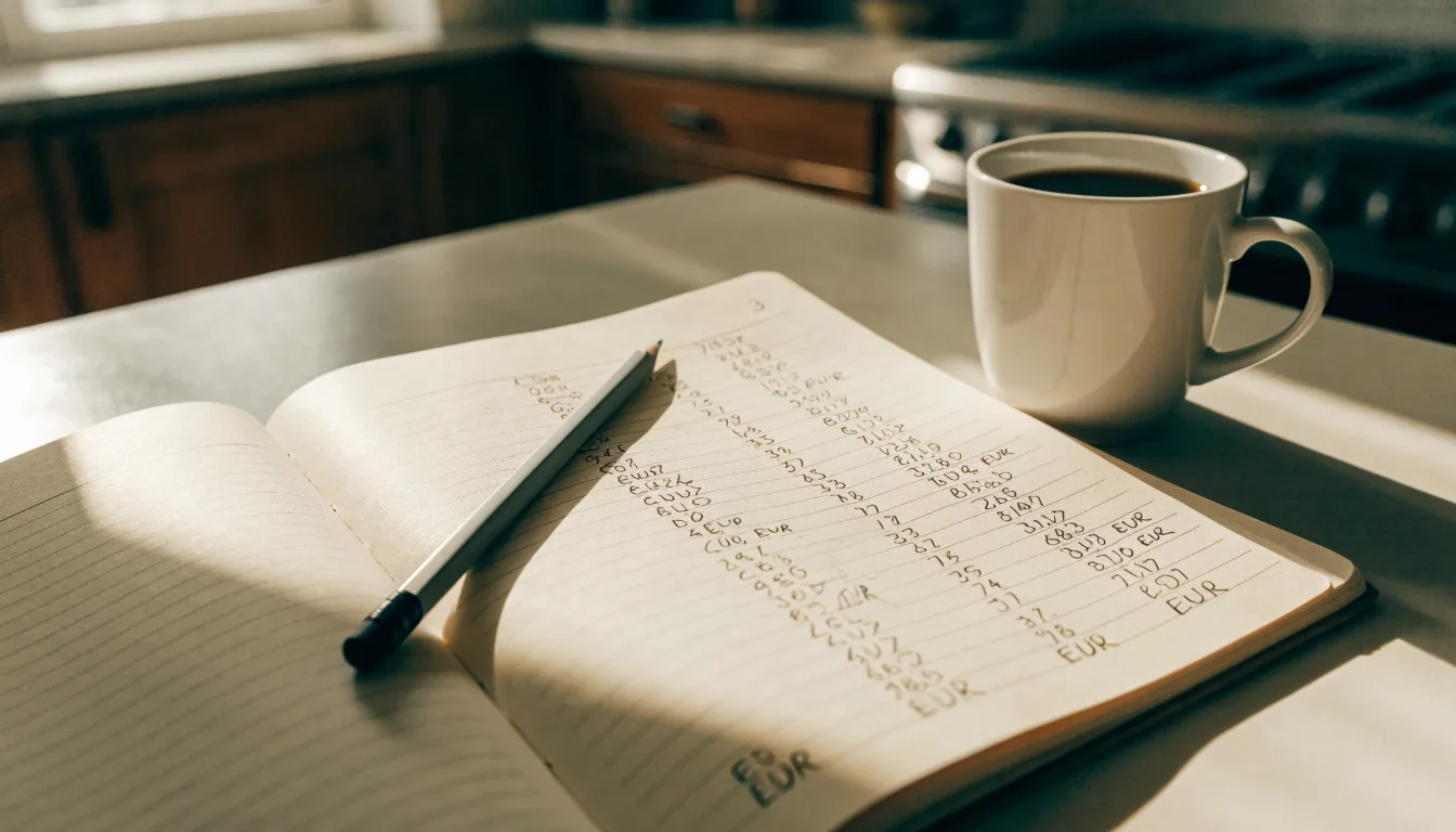Ein Notizbuch mit handschriftlichen Zahlenreihen und ein Bleistift liegen auf einem Küchentisch neben einer Tasse.
