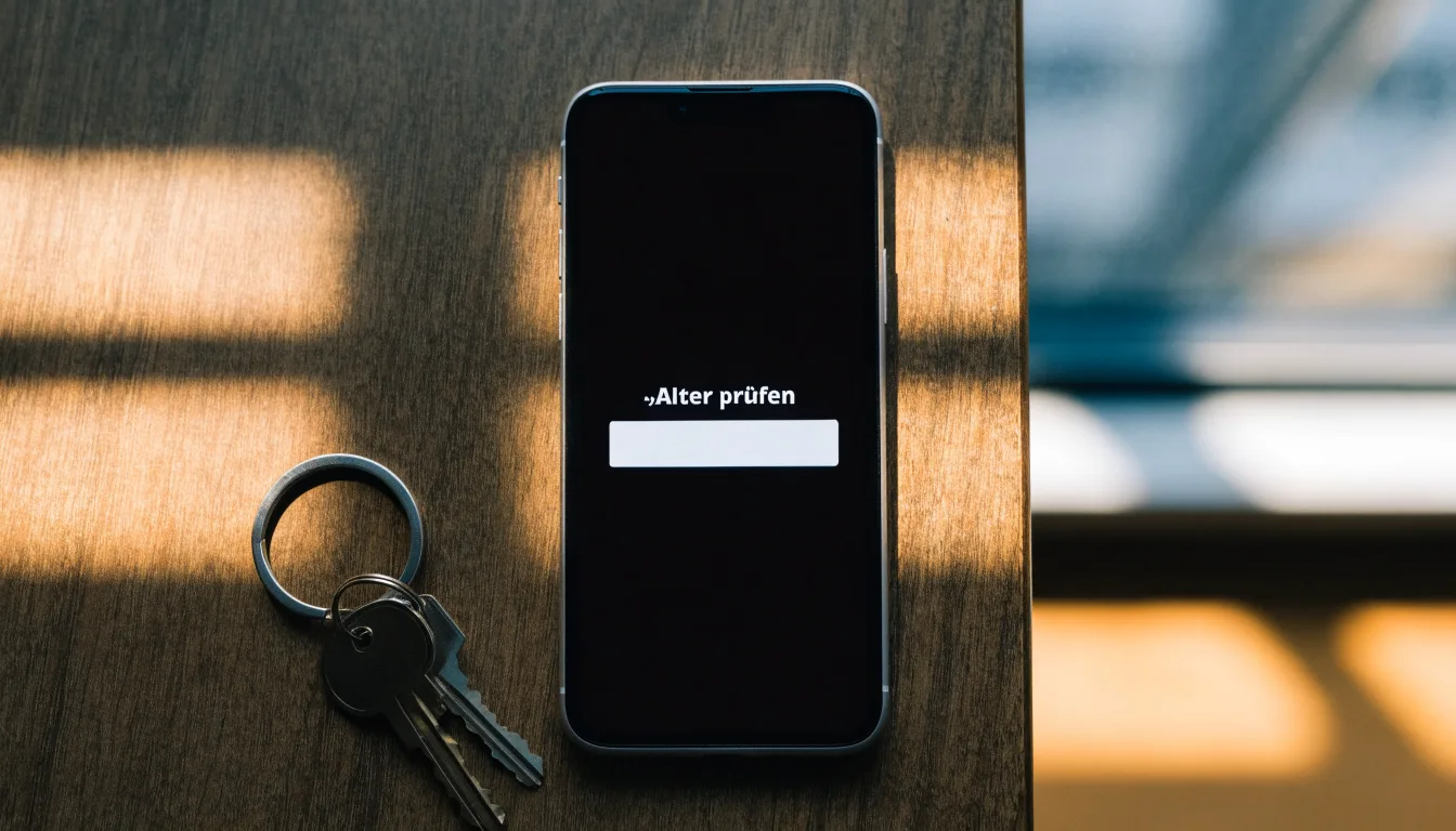 Ein Smartphone mit dunklem Display liegt auf einem Holztisch, daneben ein Schlüsselbund, im Hintergrund ein Fenster mit Abendlicht.