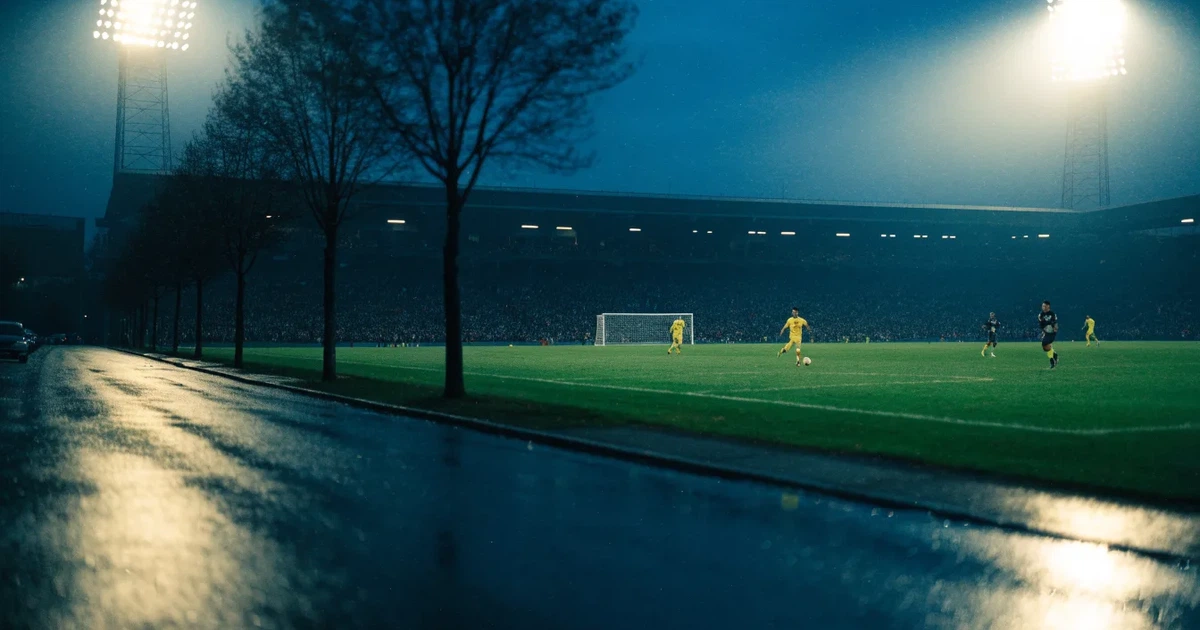 Ein Fußballstadion bei Nacht aus großer Entfernung, hell erleuchtet unter Flutlicht, davor eine dunkle Straße und Bäume.