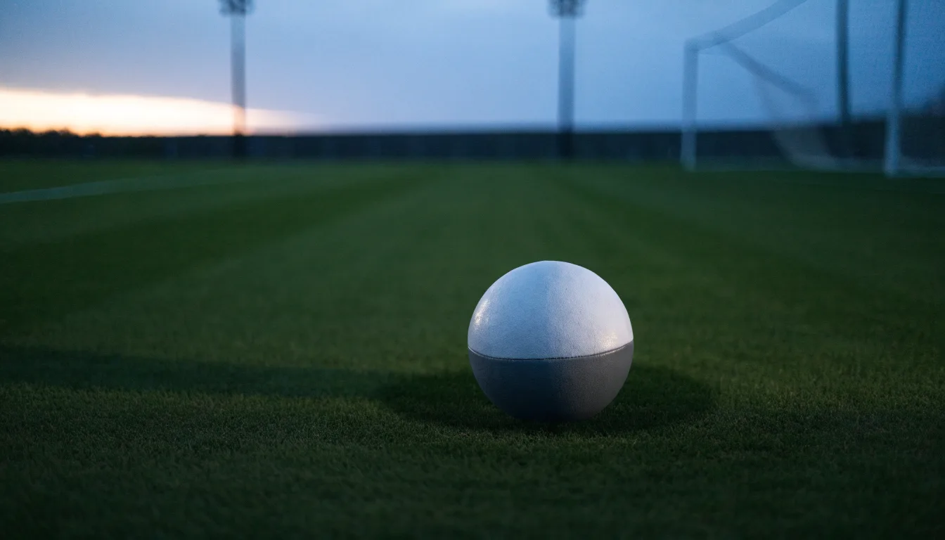 Ein Fußball liegt auf dem Anstoßpunkt eines Rasenplatzes in der Abenddämmerung, Flutlichtmasten stehen unscharf im Hintergrund.