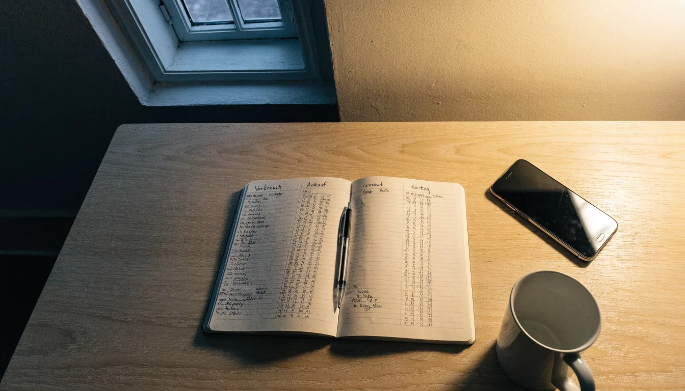 Ein Notizbuch mit handschriftlichen Zahlen liegt neben einem Smartphone mit dunklem Display auf einem Tisch, im Fenster Dämmerlicht.