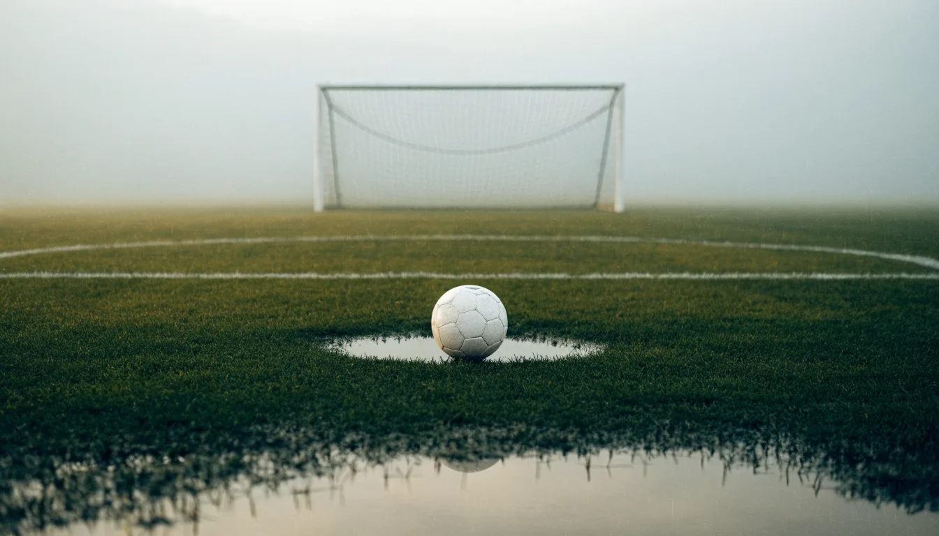 Ein Fußball liegt auf dem Elfmeterpunkt eines nassen Rasenplatzes, im Hintergrund ein leeres Tor im Nebel.