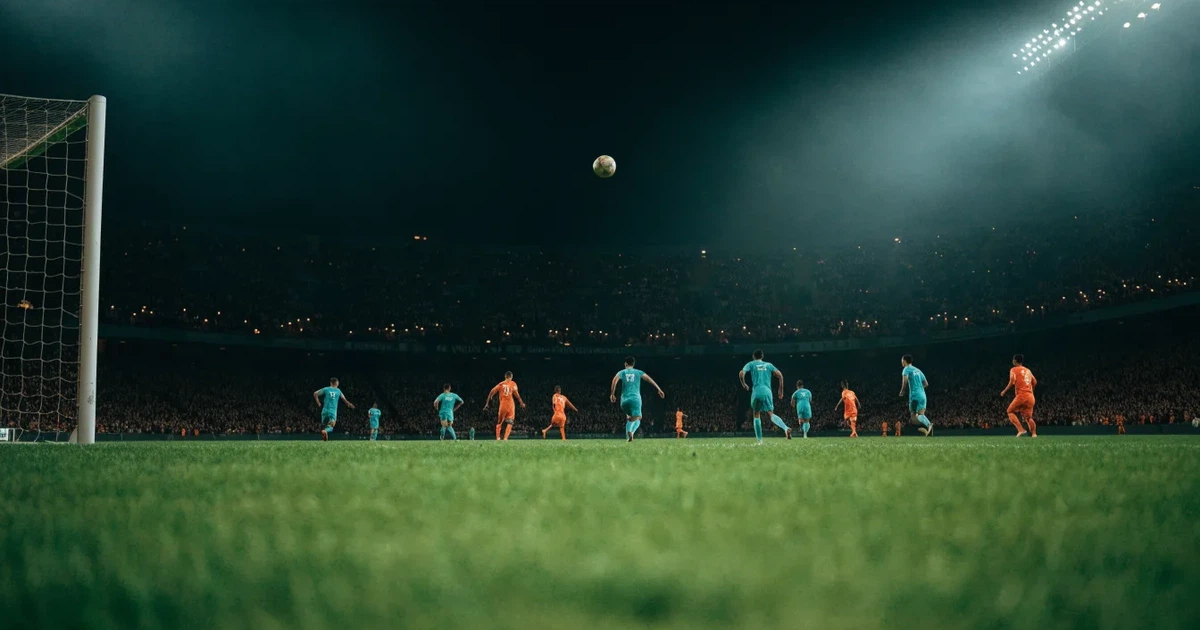 Ein großes Fußballstadion mit hell erleuchtetem Rund, aus der Ferne am Abend gesehen, davor eine breite Allee mit Laternen.