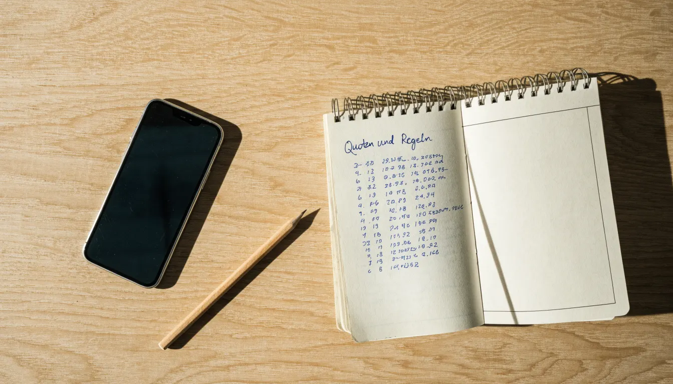 Ein Notizbuch mit handschriftlichen Zahlenreihen liegt neben einem Bleistift und einem Smartphone mit dunklem Display auf einem Tisch.