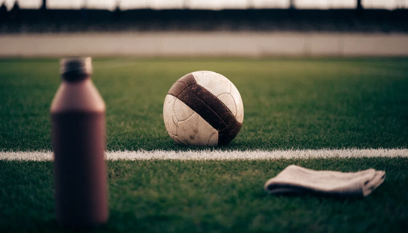 Ein Fußball auf einer Wiese neben der Seitenlinie, daneben eine Trinkflasche ohne Aufdruck und ein Handtuch.