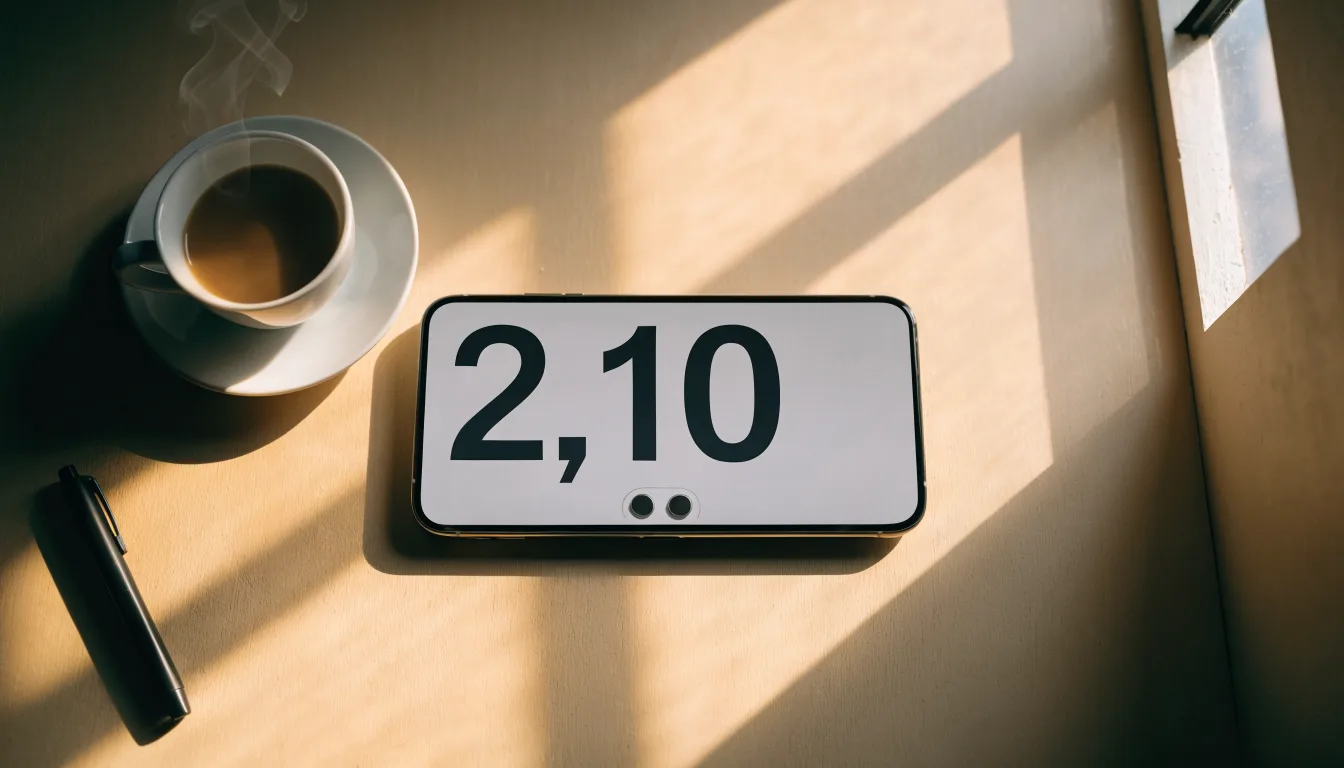 Ein Smartphone mit dunklem Display liegt neben einer Kaffeetasse auf einem Schreibtisch, durch das Fenster fällt Abendlicht.