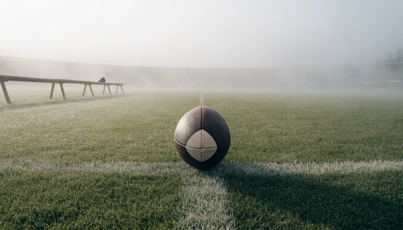 Ein Fußball liegt in der Mitte eines leeren Rasenplatzes im Morgennebel, am Rand steht eine einzelne Auswechselbank.
